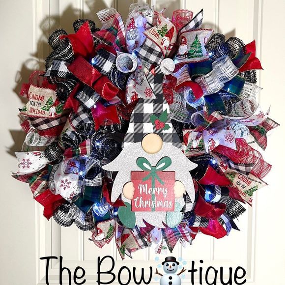 Handmade Merry Christmas Gnome Holiday Ribbon Door Wreath 22 ins W48 - Picture 1 of 11
